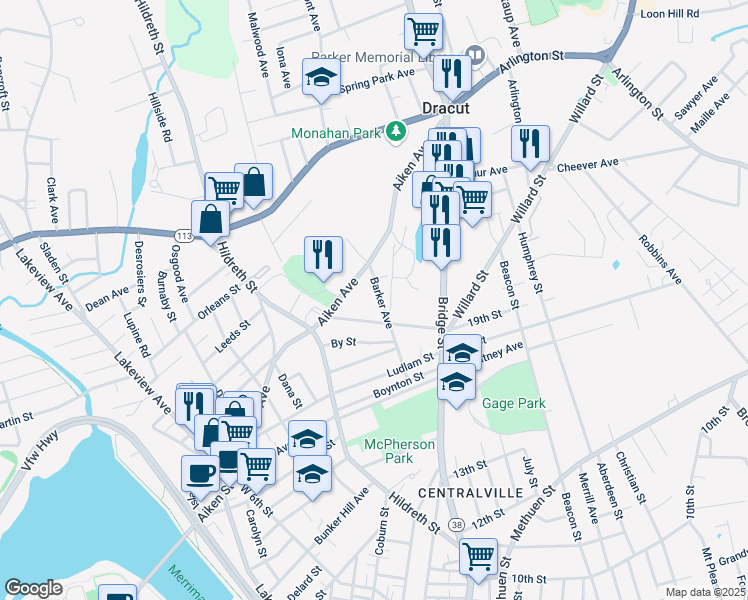 map of restaurants, bars, coffee shops, grocery stores, and more near 271 Aiken Avenue in Lowell