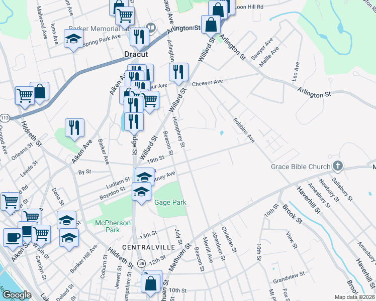 map of restaurants, bars, coffee shops, grocery stores, and more near 192 Humphrey Street in Lowell