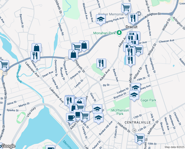 map of restaurants, bars, coffee shops, grocery stores, and more near in Lowell