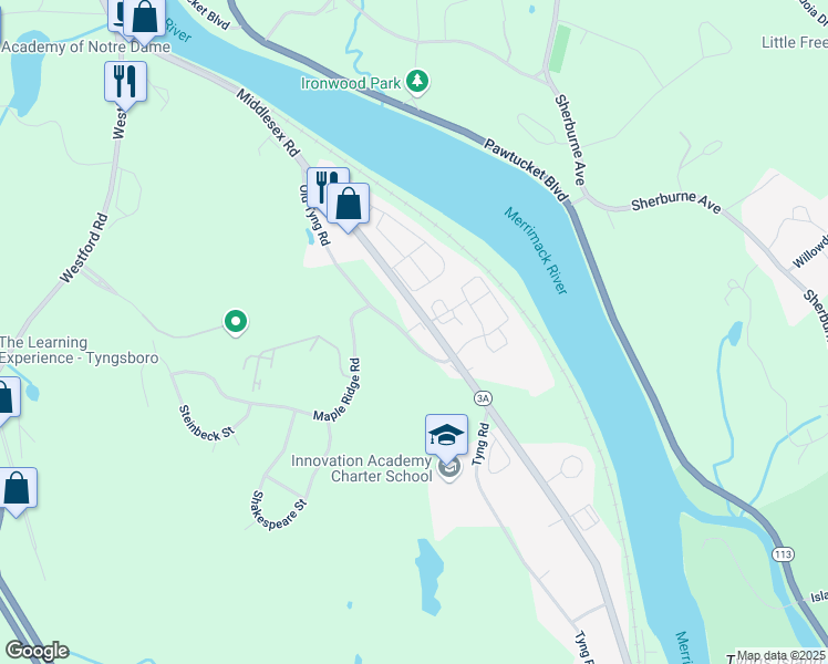 map of restaurants, bars, coffee shops, grocery stores, and more near 1 Merrimac Way in Tyngsborough