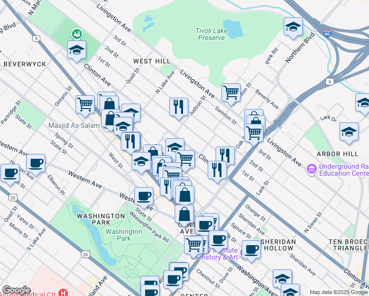 map of restaurants, bars, coffee shops, grocery stores, and more near 440 Clinton Avenue in Albany