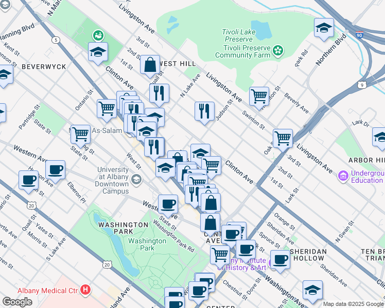 map of restaurants, bars, coffee shops, grocery stores, and more near 462 Orange Street in Albany