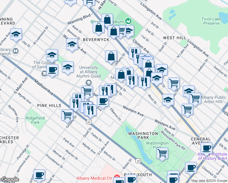 map of restaurants, bars, coffee shops, grocery stores, and more near 690 State Street in Albany
