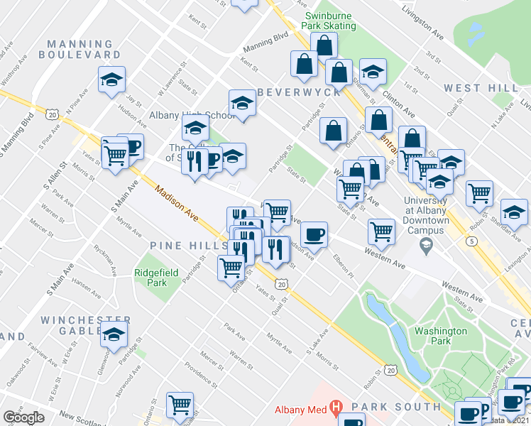 map of restaurants, bars, coffee shops, grocery stores, and more near 326 Western Avenue in Albany
