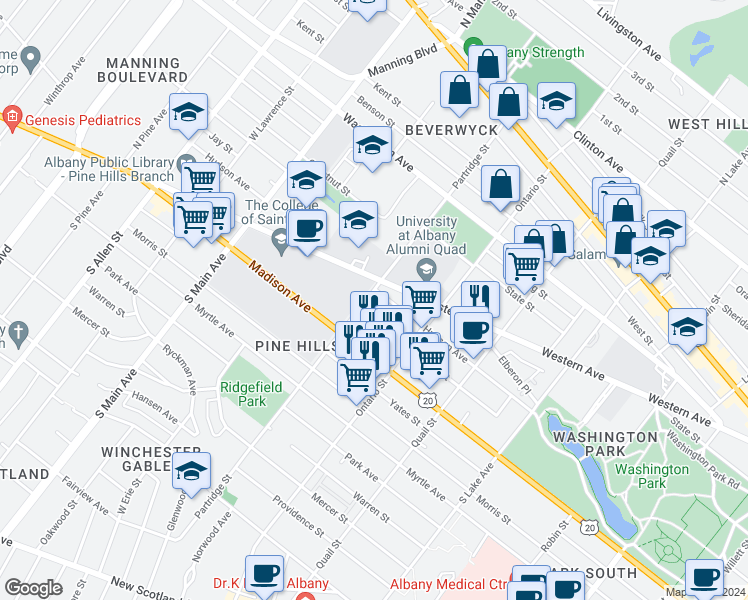 map of restaurants, bars, coffee shops, grocery stores, and more near 326 Western Avenue in Albany