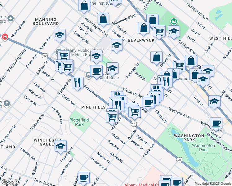 map of restaurants, bars, coffee shops, grocery stores, and more near 196 Partridge Street in Albany