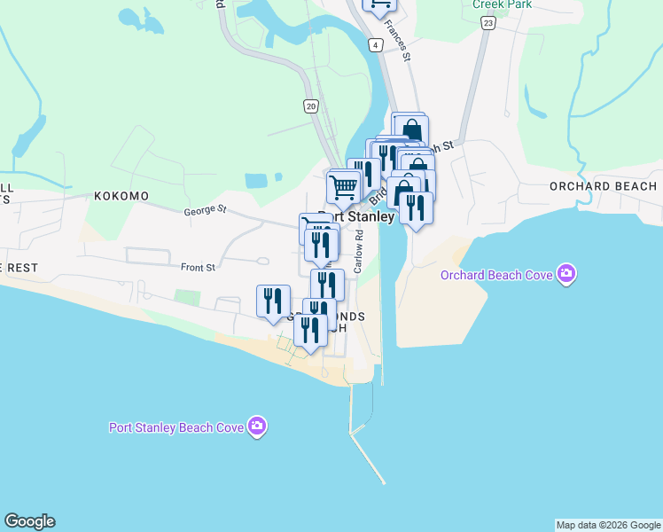 map of restaurants, bars, coffee shops, grocery stores, and more near 320 Smith Street in Port Stanley