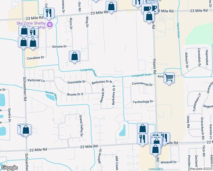 map of restaurants, bars, coffee shops, grocery stores, and more near 14658 Berkshire Drive North in Macomb County