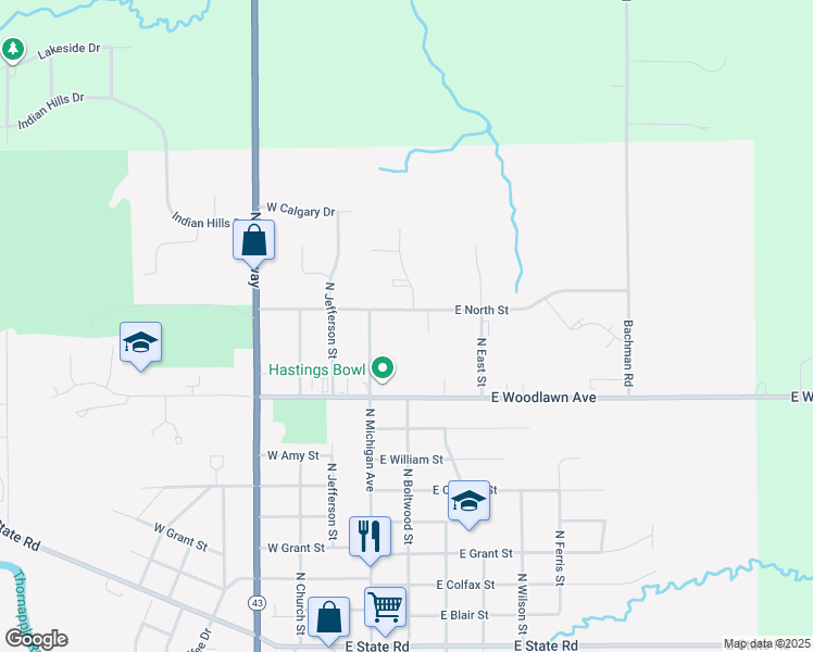 map of restaurants, bars, coffee shops, grocery stores, and more near 240 East North Street in Hastings