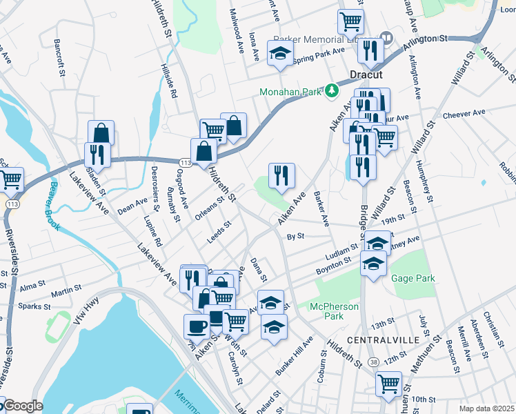 map of restaurants, bars, coffee shops, grocery stores, and more near in Lowell