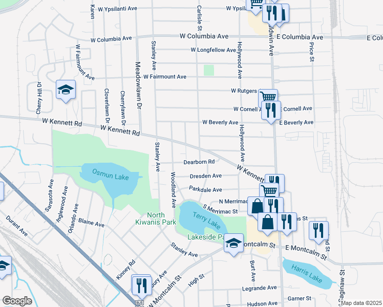 map of restaurants, bars, coffee shops, grocery stores, and more near 191 West Kennett Road in Pontiac