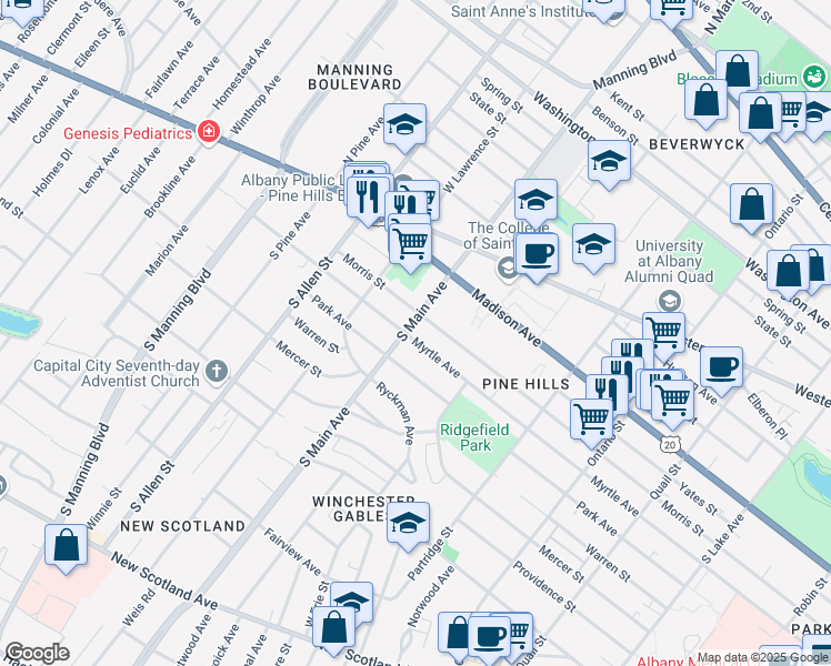 map of restaurants, bars, coffee shops, grocery stores, and more near 36 South Main Avenue in Albany