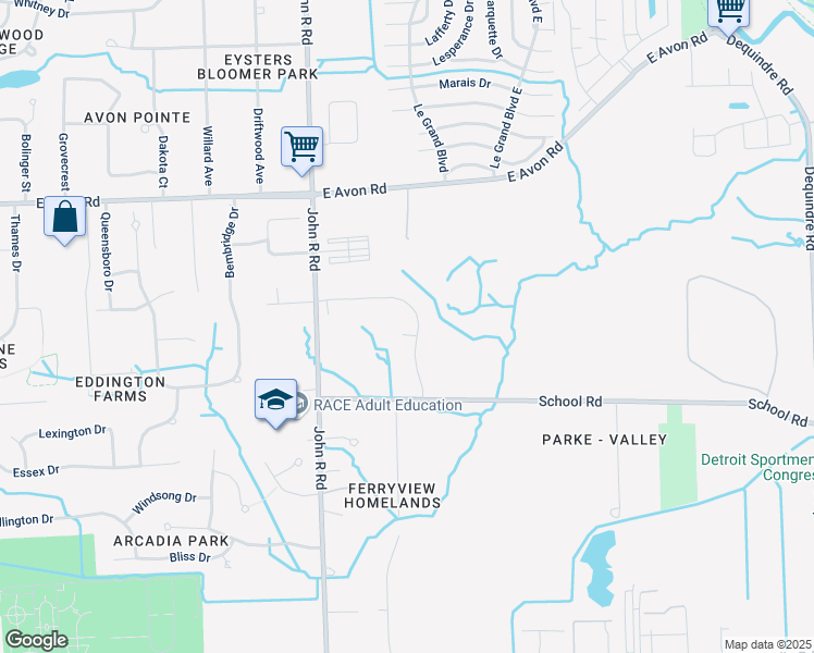 map of restaurants, bars, coffee shops, grocery stores, and more near 1124 Academy Drive in Rochester Hills
