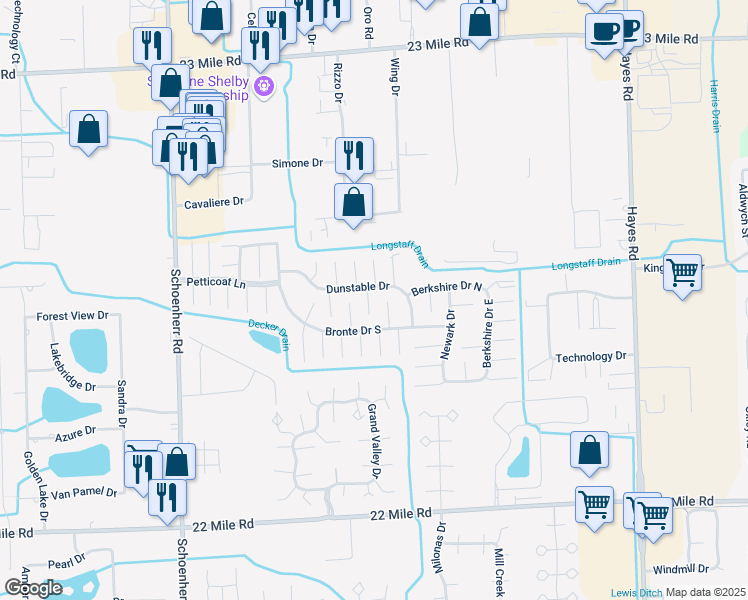 map of restaurants, bars, coffee shops, grocery stores, and more near 14258 Dunstable Drive in Macomb County