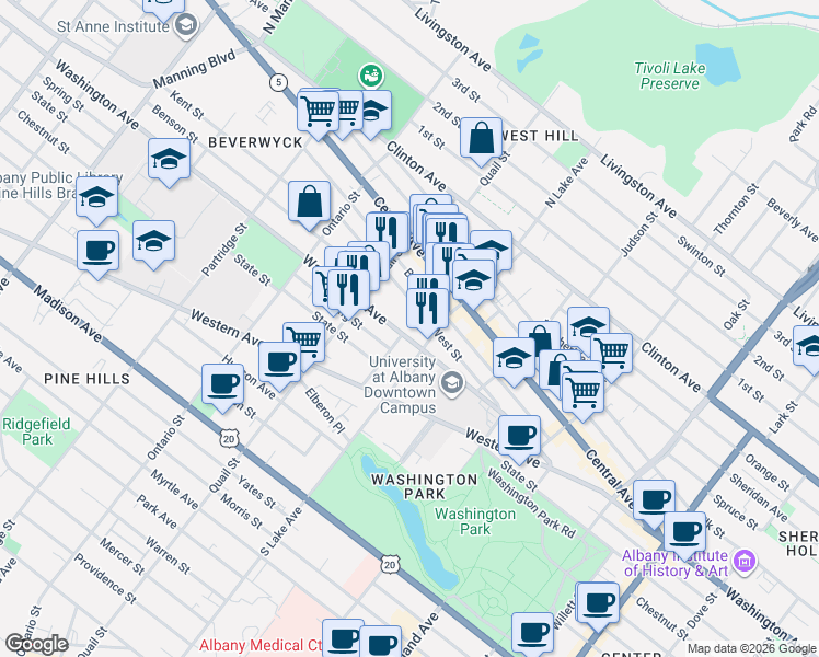 map of restaurants, bars, coffee shops, grocery stores, and more near 50 West Street in Albany