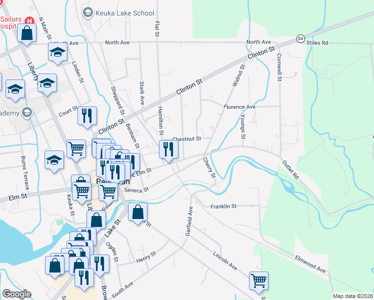 map of restaurants, bars, coffee shops, grocery stores, and more near 109 Lawrence Street in Penn Yan