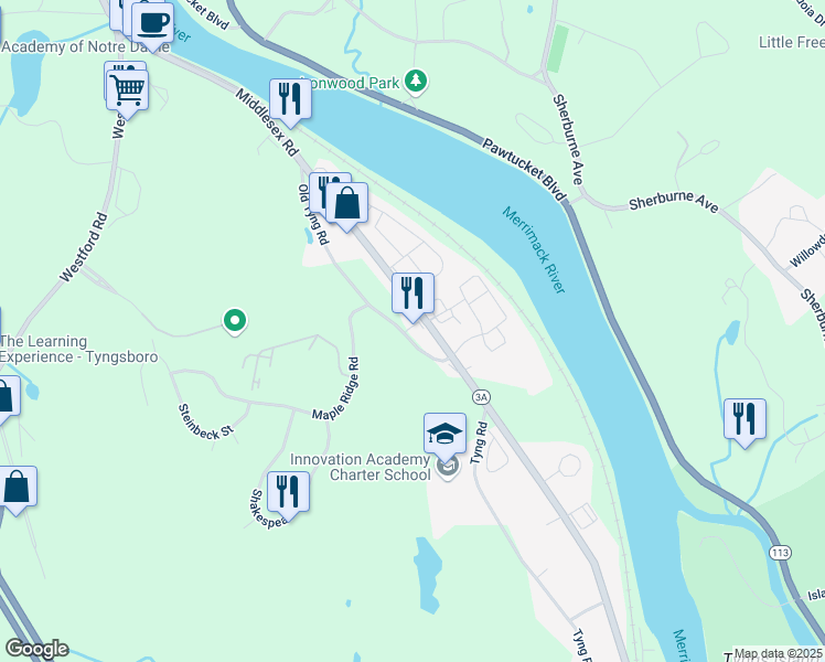map of restaurants, bars, coffee shops, grocery stores, and more near 1 Merrimac Way in Tyngsborough