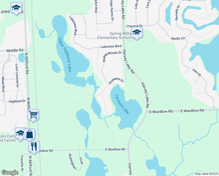 map of restaurants, bars, coffee shops, grocery stores, and more near 390 Dunleavy in Highland Charter Township