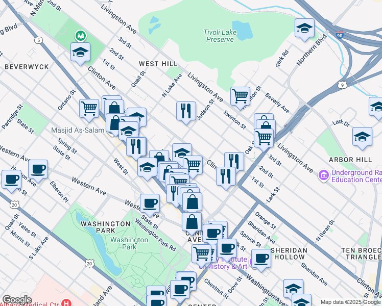 map of restaurants, bars, coffee shops, grocery stores, and more near 440 Clinton Avenue in Albany