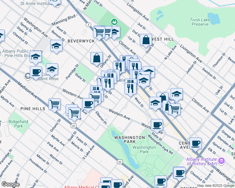 map of restaurants, bars, coffee shops, grocery stores, and more near 496 Washington Avenue in Albany