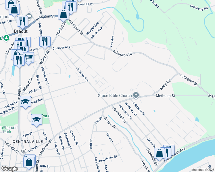 map of restaurants, bars, coffee shops, grocery stores, and more near 38 Robbins Avenue in Dracut