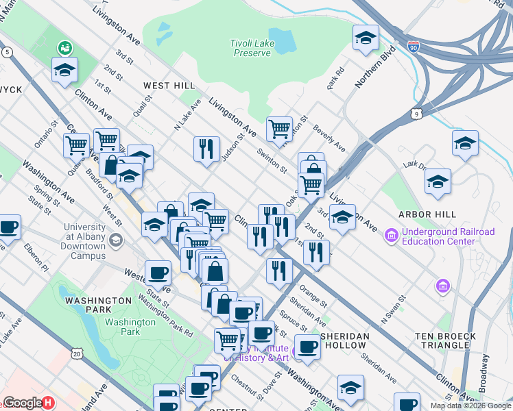 map of restaurants, bars, coffee shops, grocery stores, and more near 287 1st Street in Albany