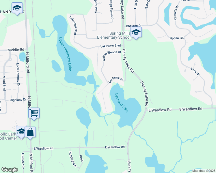 map of restaurants, bars, coffee shops, grocery stores, and more near 390 Dunleavy Drive in Oakland County