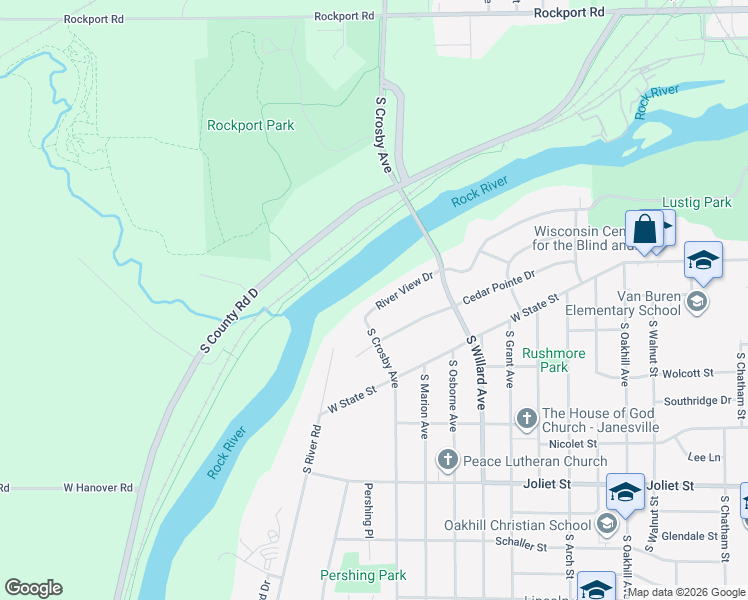 map of restaurants, bars, coffee shops, grocery stores, and more near 2526 River View Drive in Janesville