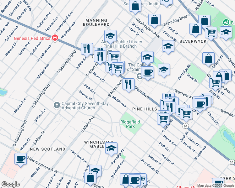 map of restaurants, bars, coffee shops, grocery stores, and more near 656 Morris Street in Albany