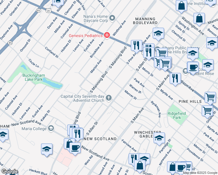 map of restaurants, bars, coffee shops, grocery stores, and more near South Pine Avenue in Albany
