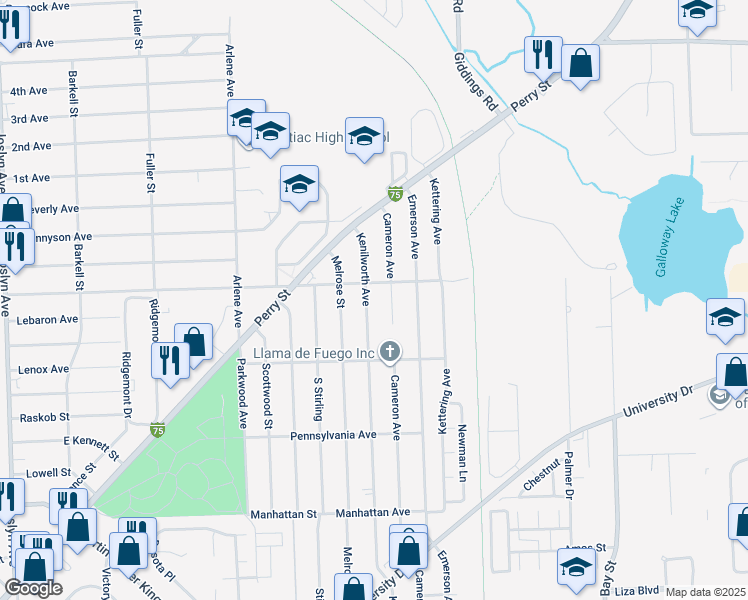 map of restaurants, bars, coffee shops, grocery stores, and more near 903 Kenilworth Avenue in Pontiac