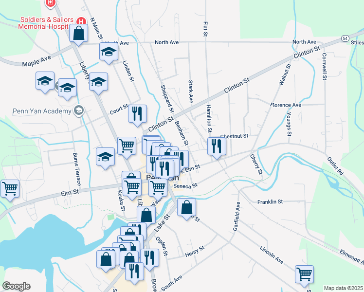map of restaurants, bars, coffee shops, grocery stores, and more near 120 Benham St in Penn Yan