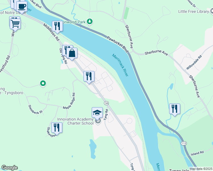 map of restaurants, bars, coffee shops, grocery stores, and more near 20 Merrimac Way in Tyngsborough