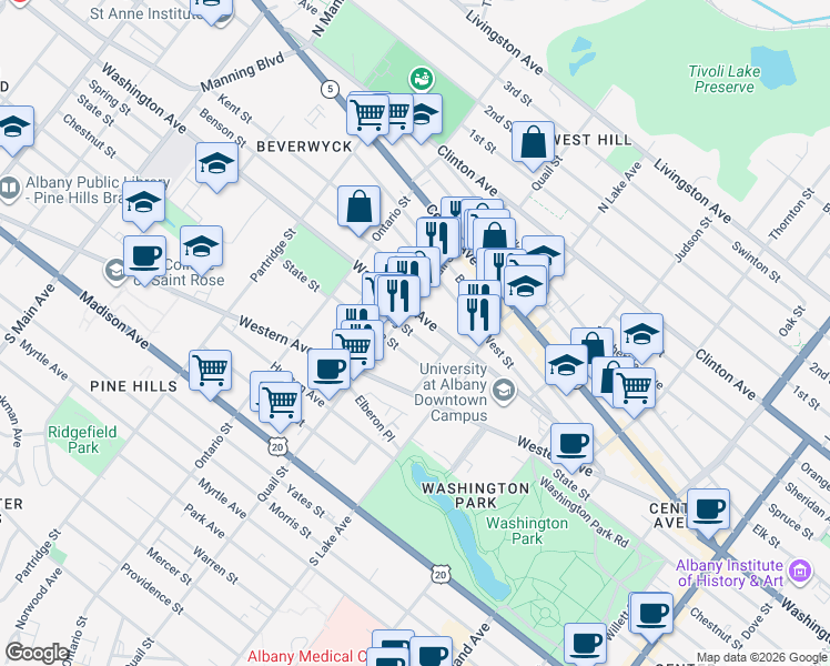 map of restaurants, bars, coffee shops, grocery stores, and more near 496 Washington Avenue in Albany
