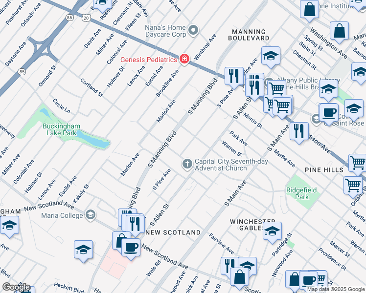 map of restaurants, bars, coffee shops, grocery stores, and more near 136 South Pine Avenue in Albany