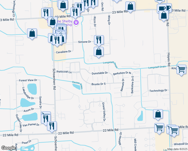 map of restaurants, bars, coffee shops, grocery stores, and more near 49914 Piccadilly Court in Shelby Township