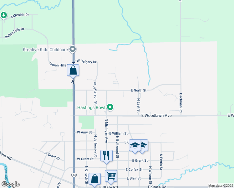 map of restaurants, bars, coffee shops, grocery stores, and more near 244 East North Street in Hastings
