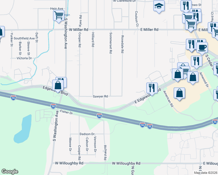 map of restaurants, bars, coffee shops, grocery stores, and more near 6512 Sommerset Road in Lansing