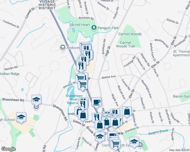 map of restaurants, bars, coffee shops, grocery stores, and more near 82 High Street in Andover