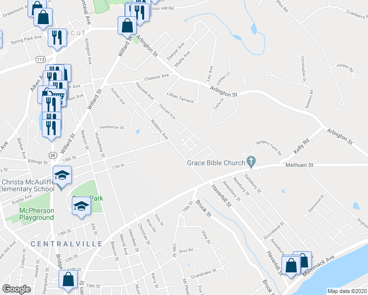 map of restaurants, bars, coffee shops, grocery stores, and more near 16 Hazelwood Avenue in Dracut