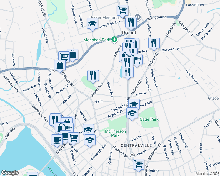 map of restaurants, bars, coffee shops, grocery stores, and more near 249 Barker Avenue in Lowell