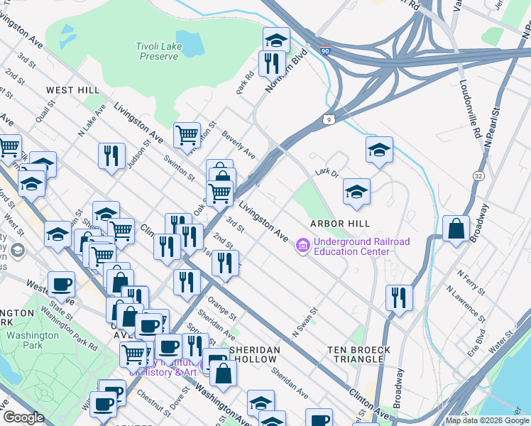 map of restaurants, bars, coffee shops, grocery stores, and more near 259 Livingston Avenue in Albany