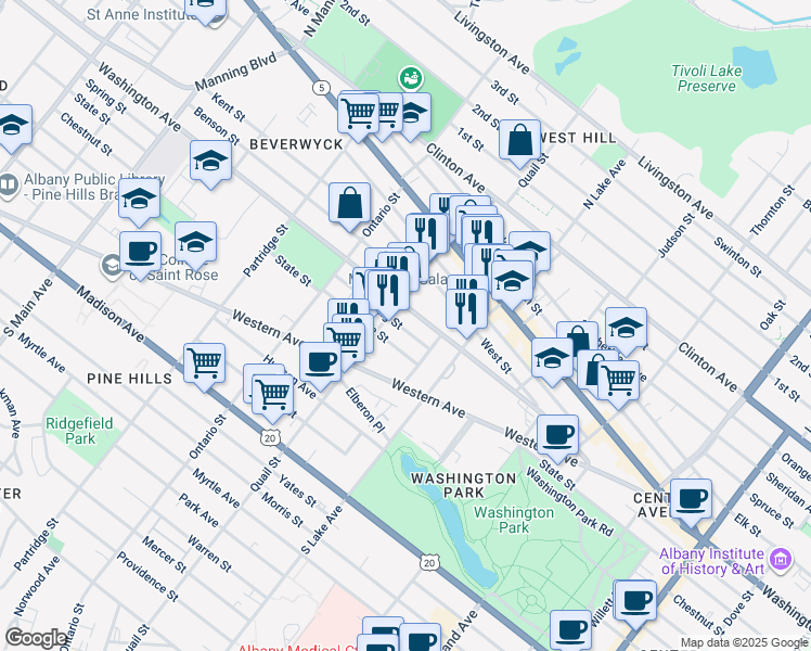 map of restaurants, bars, coffee shops, grocery stores, and more near 496 Washington Avenue in Albany