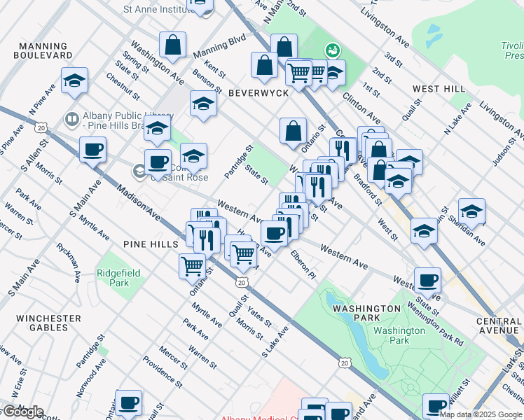 map of restaurants, bars, coffee shops, grocery stores, and more near 222 Ontario Street in Albany