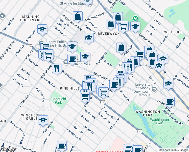 map of restaurants, bars, coffee shops, grocery stores, and more near 326 Western Avenue in Albany