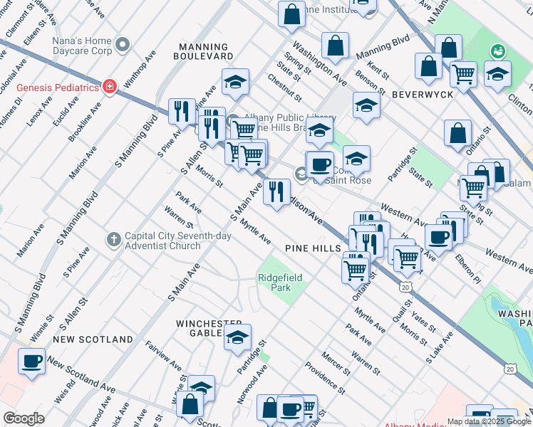 map of restaurants, bars, coffee shops, grocery stores, and more near 656 Morris Street in Albany