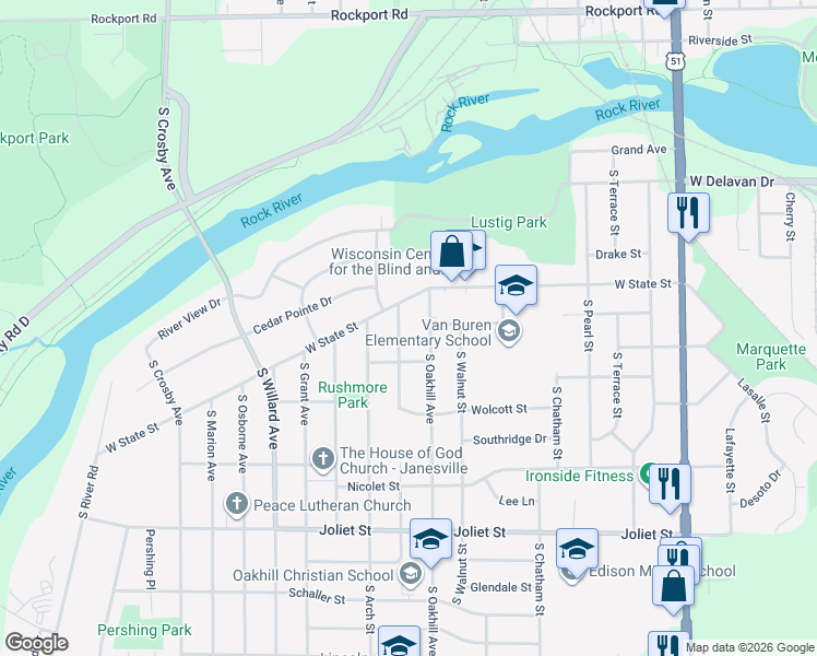map of restaurants, bars, coffee shops, grocery stores, and more near 1234 South Oakhill Avenue in Janesville
