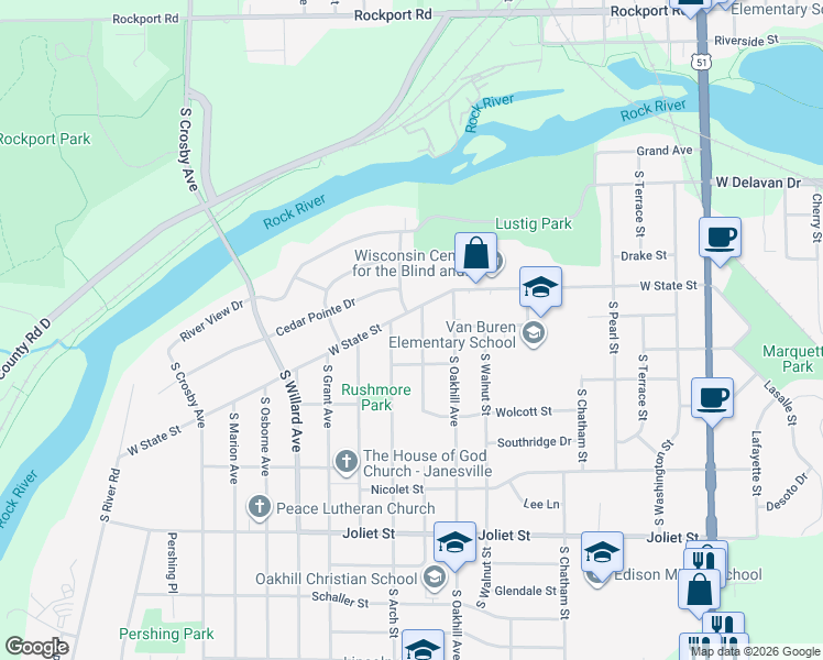 map of restaurants, bars, coffee shops, grocery stores, and more near 1234 Monterey Lane in Janesville