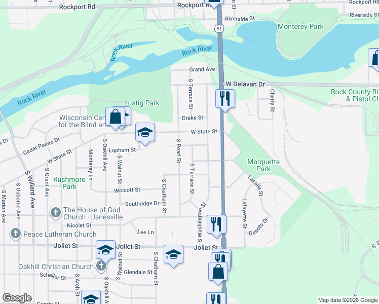 map of restaurants, bars, coffee shops, grocery stores, and more near 1238 South Terrace Street in Janesville