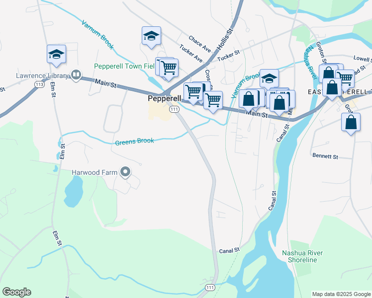 map of restaurants, bars, coffee shops, grocery stores, and more near 21 River Rd in Pepperell